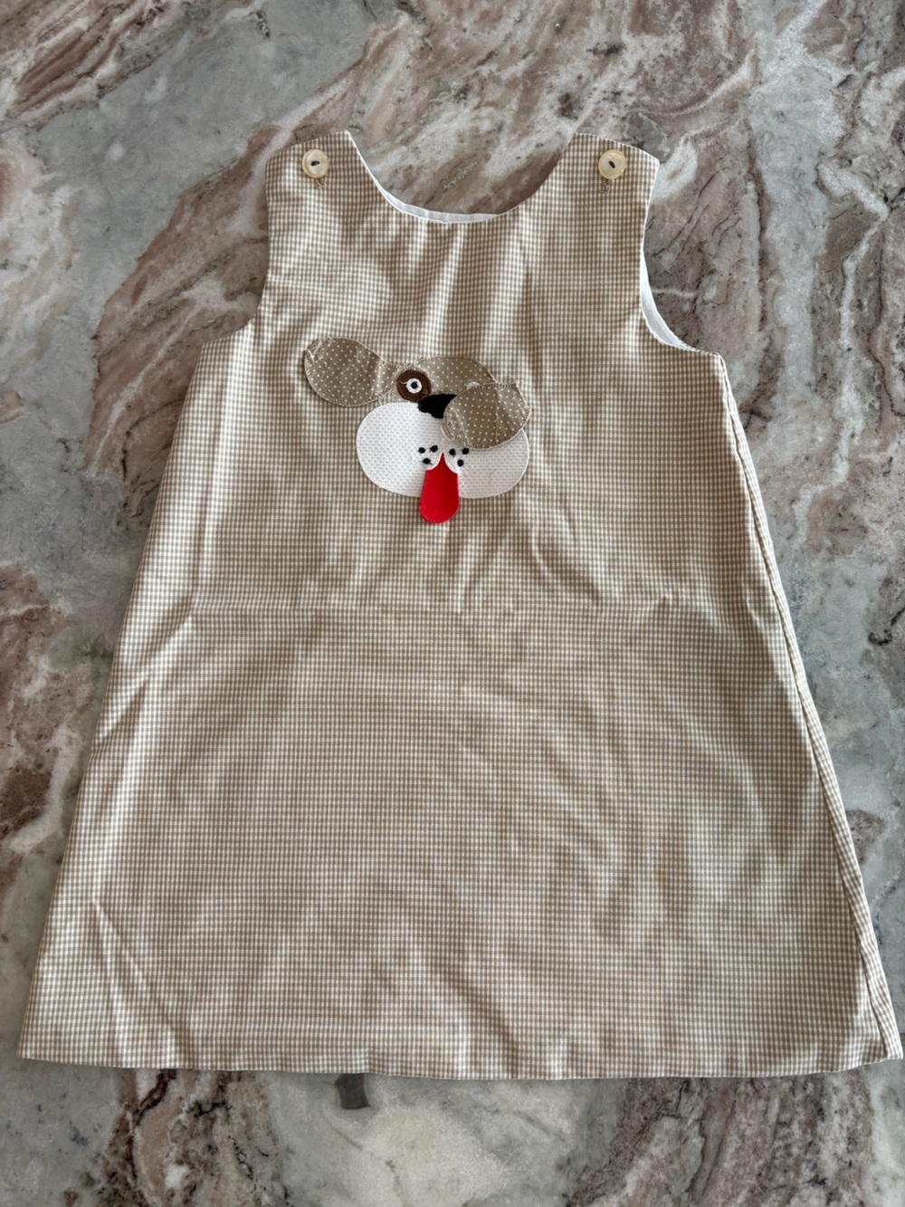 Vintage Girls Brown Plaid Puppy Dog Applique Dress Short Spring Preppy 6X